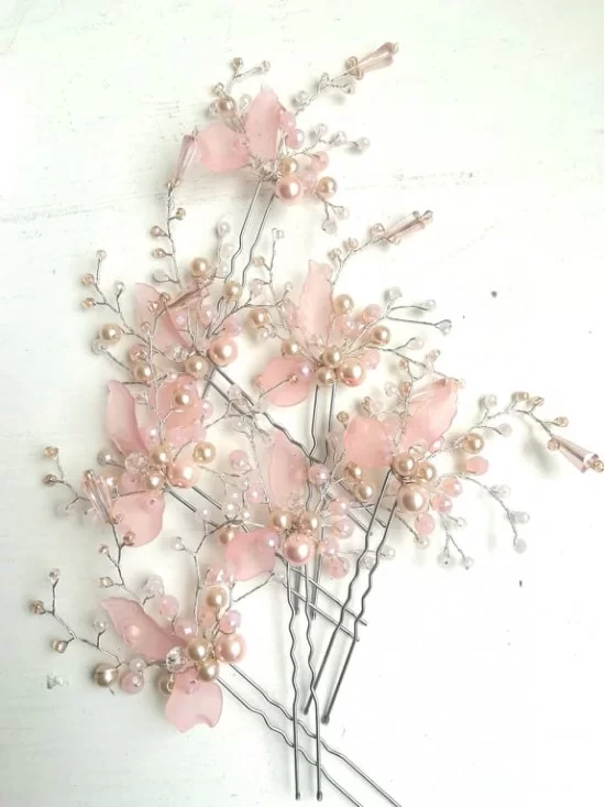 Romantic Floral Pink Wedding Hair Pins set of 3 - Sakura Blossom