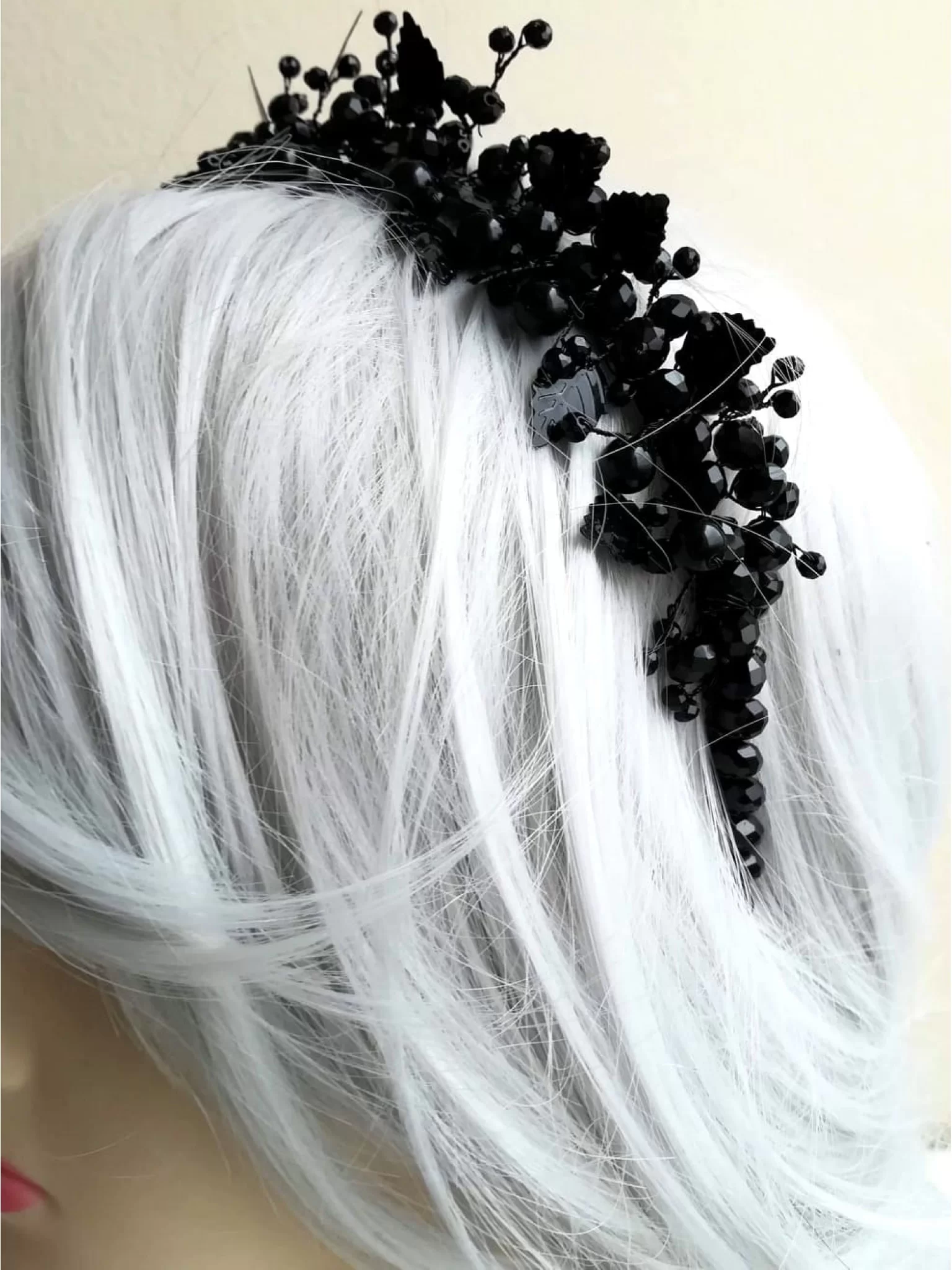  Elegant Black Tiara with Crystals and Leaves - Goddess of Night