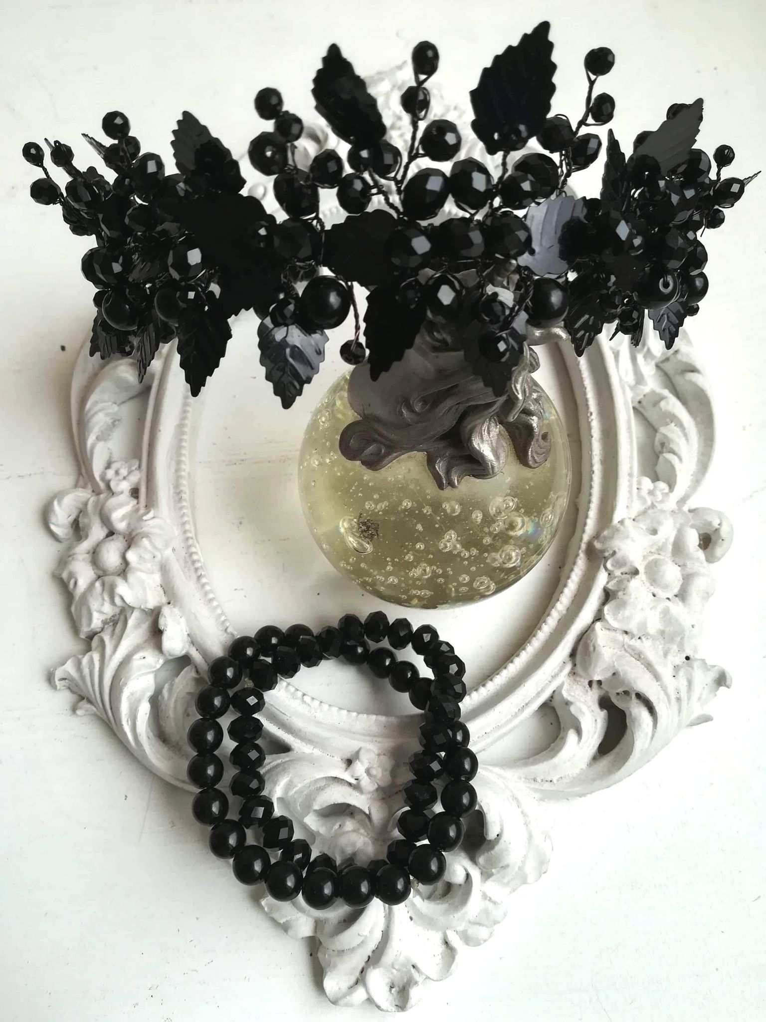Elegant Black Tiara with Crystals and Leaves - Goddess of Night Elegant Black Tiara with Crystals and Leaves - Goddess of Night