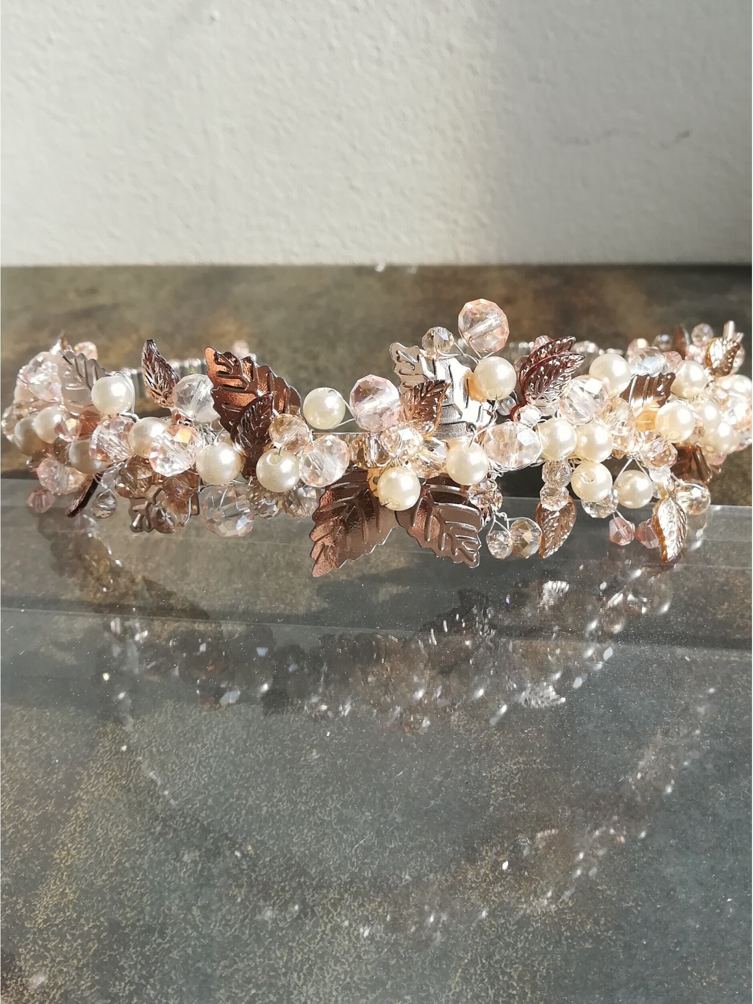 Stylish Rose Gold and Peach Tiara with Crystals and Leaves - Rose Gold Deluxe Stylish Rose Gold and Peach Tiara with Crystals and Leaves - Rose Gold Deluxe