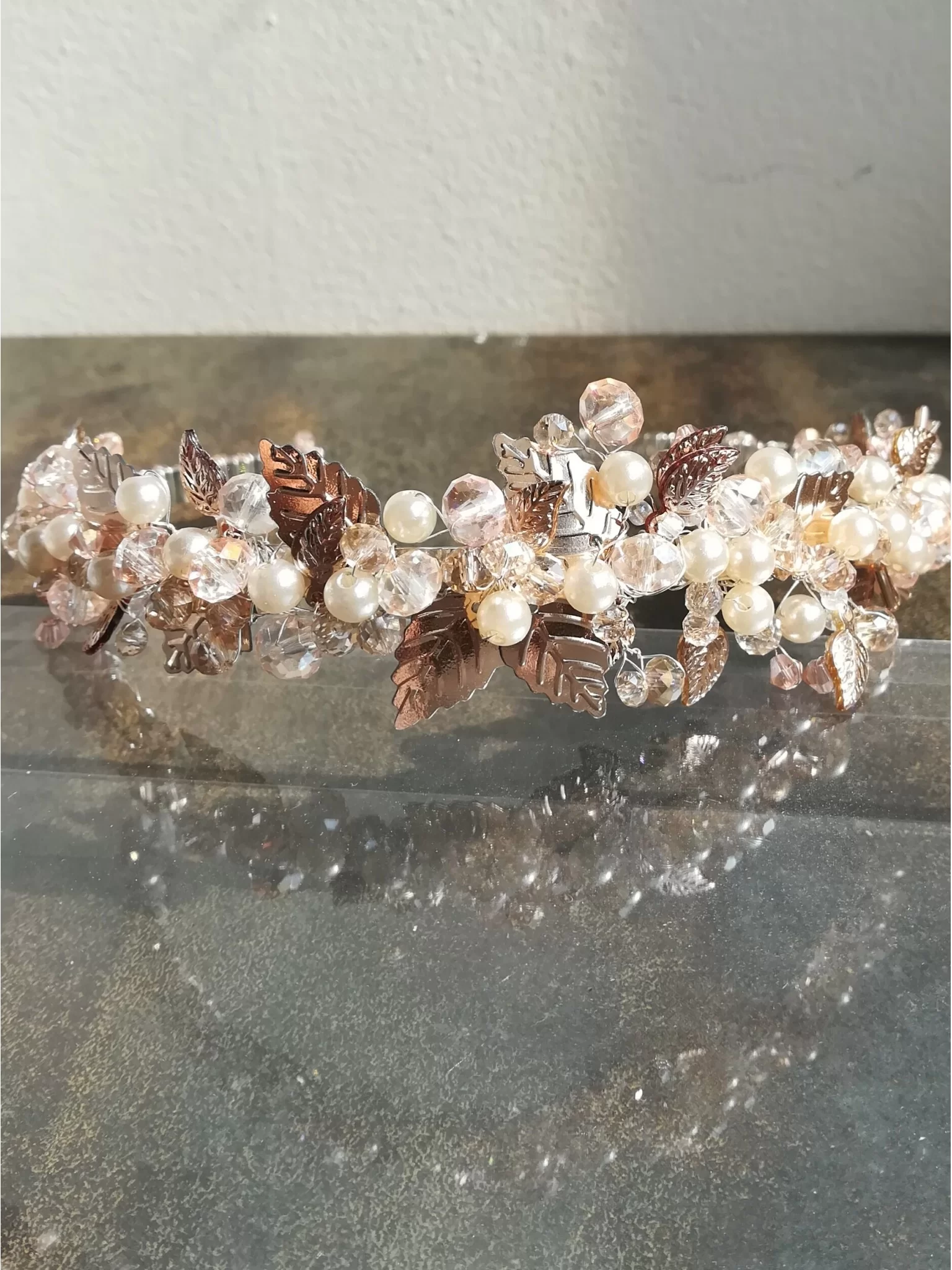 Stylish Rose Gold and Peach Tiara with Crystals and Leaves - Rose Gold Deluxe Stylish Rose Gold and Peach Tiara with Crystals and Leaves - Rose Gold Deluxe