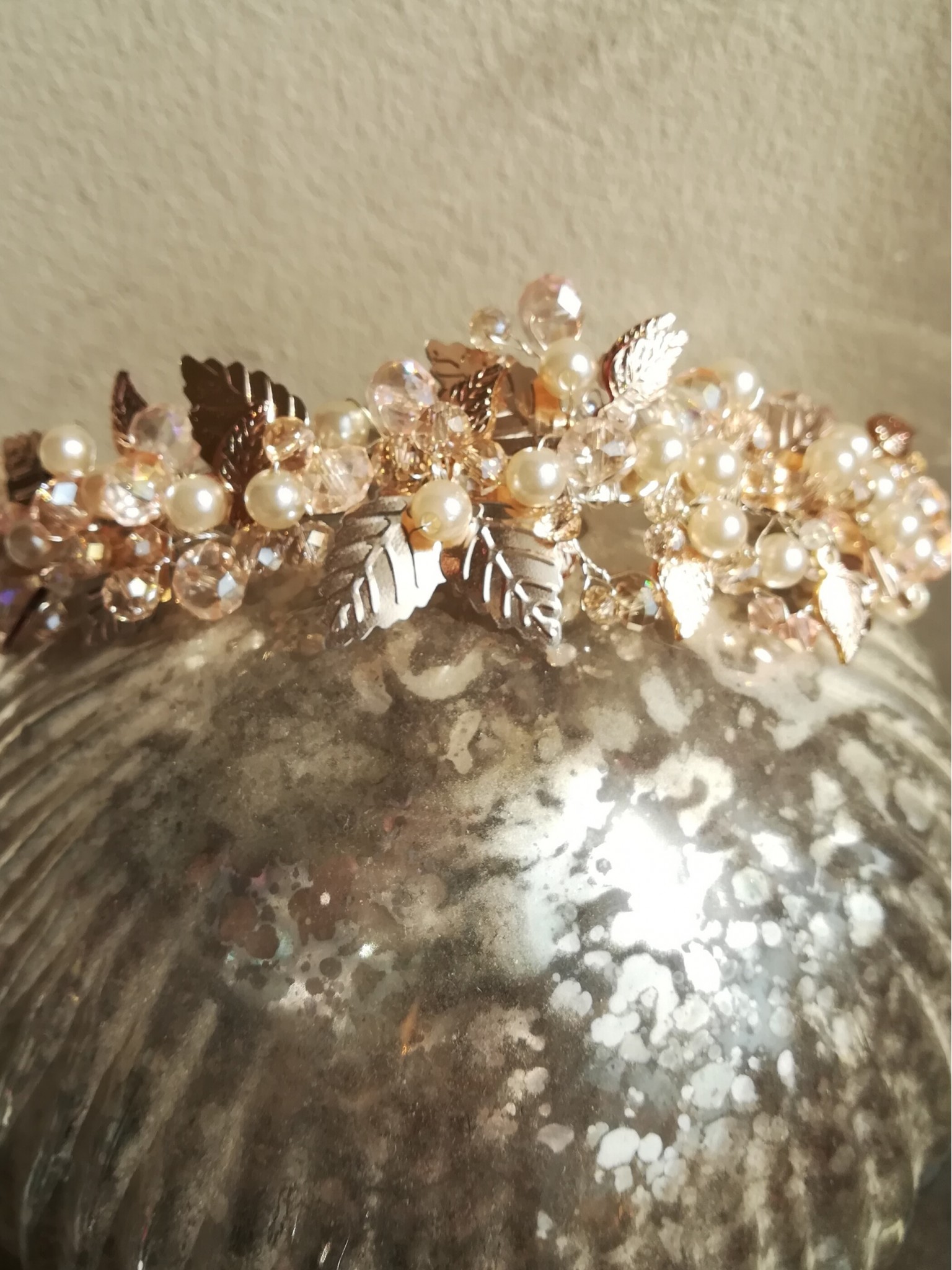 Stylish Rose Gold and Peach Tiara with Crystals and Leaves - Rose Gold Deluxe Stylish Rose Gold and Peach Tiara with Crystals and Leaves - Rose Gold Deluxe