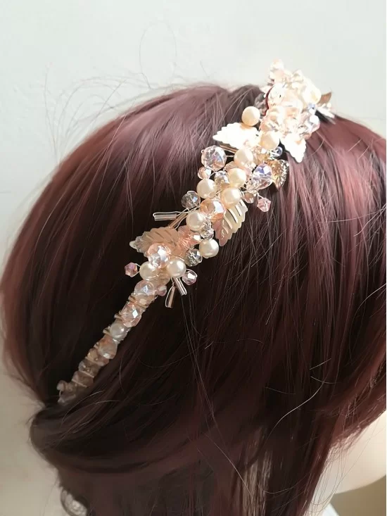  Stylish Rose Gold and Peach Tiara with Crystals and Leaves - Rose Gold Deluxe