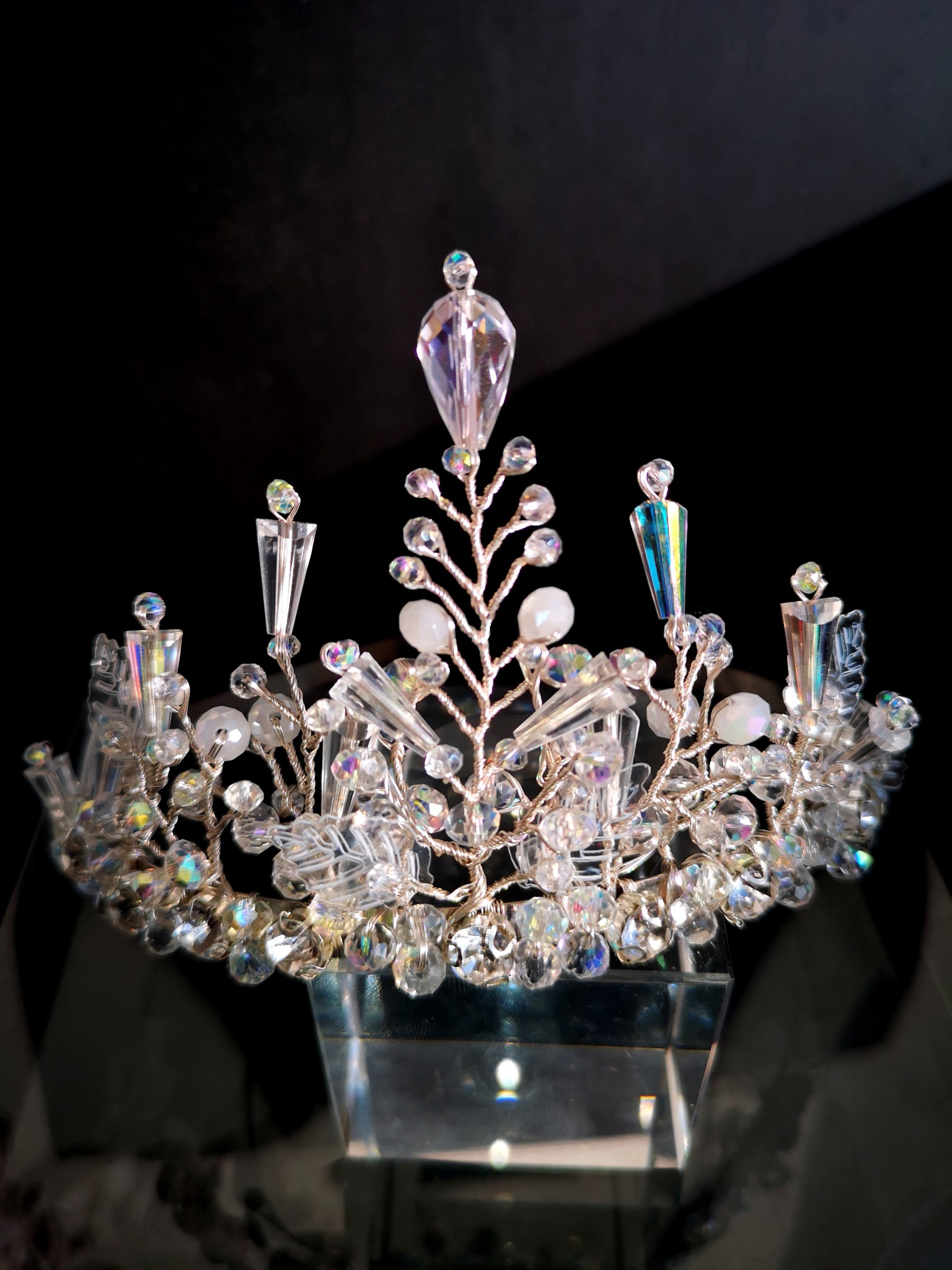  Gentle White Bridal Crown with Crystals and Leaves - Goddess of Mist