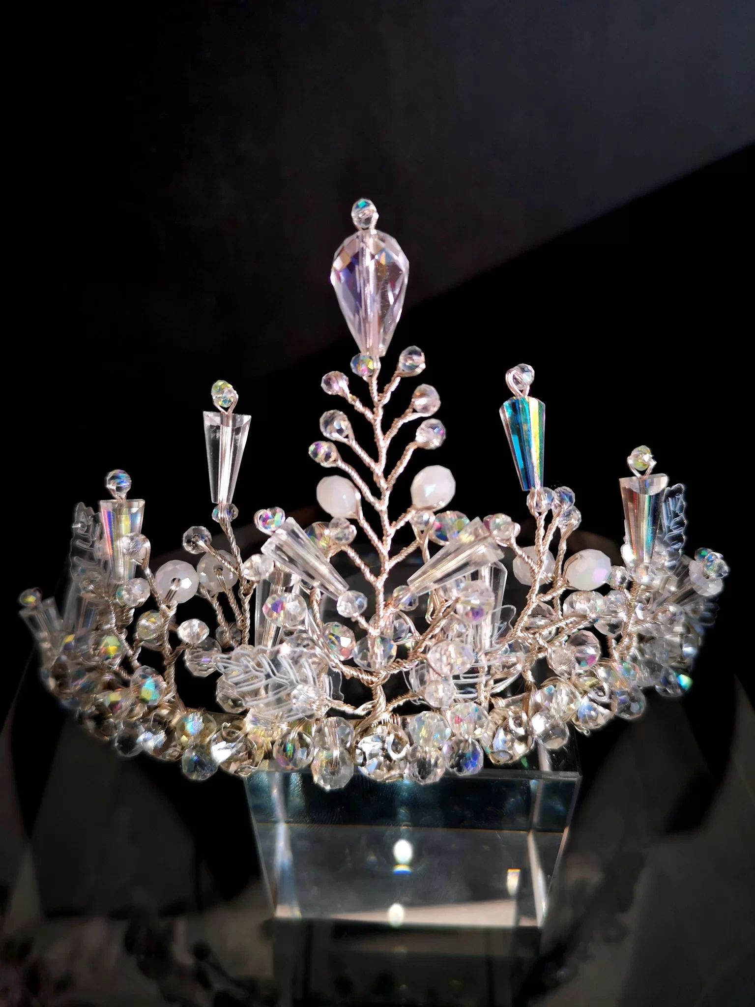 Gentle White Bridal Crown with Crystals and Leaves - Goddess of Mist Gentle White Bridal Crown with Crystals and Leaves - Goddess of Mist