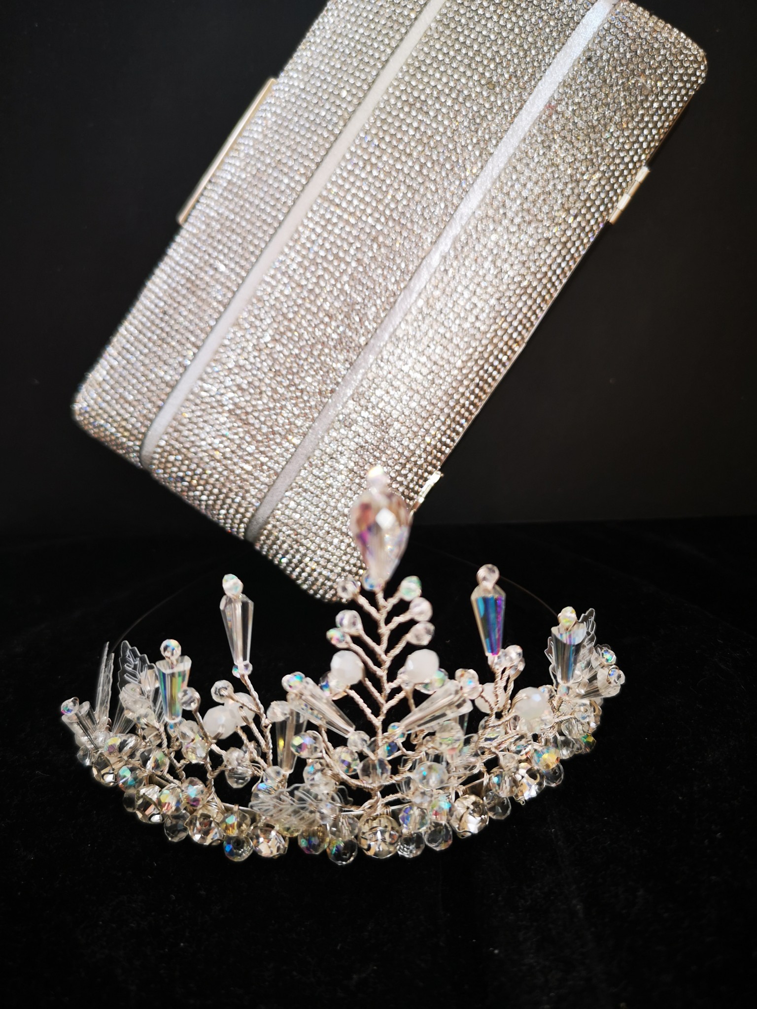  Gentle White Bridal Crown with Crystals and Leaves - Goddess of Mist