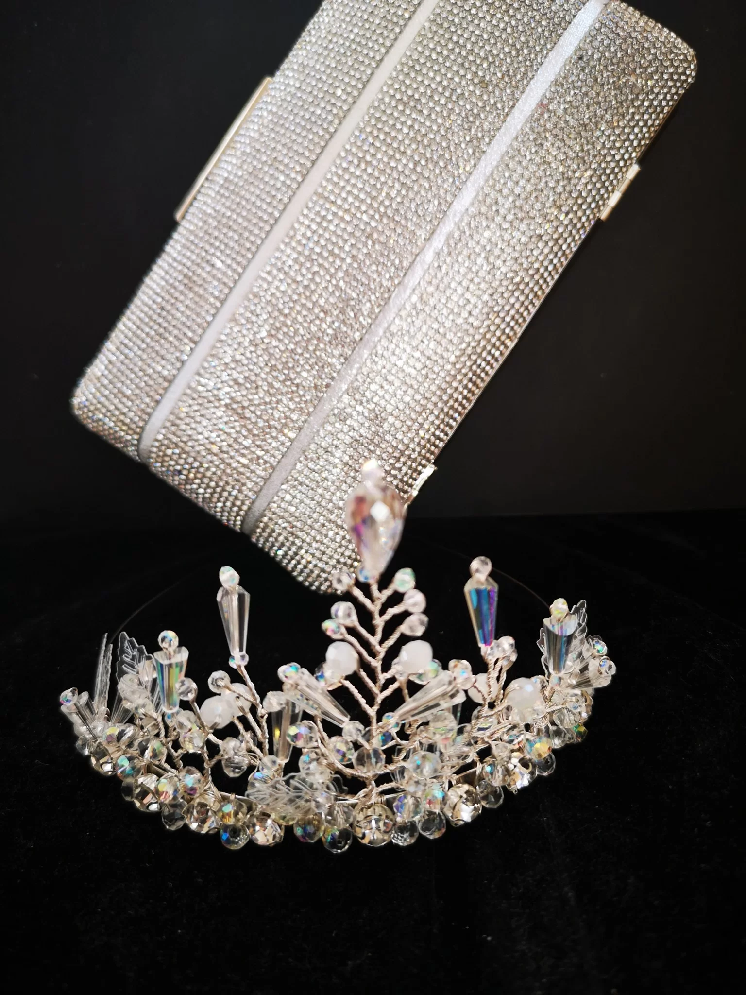 Gentle White Bridal Crown with Crystals and Leaves - Goddess of Mist Gentle White Bridal Crown with Crystals and Leaves - Goddess of Mist